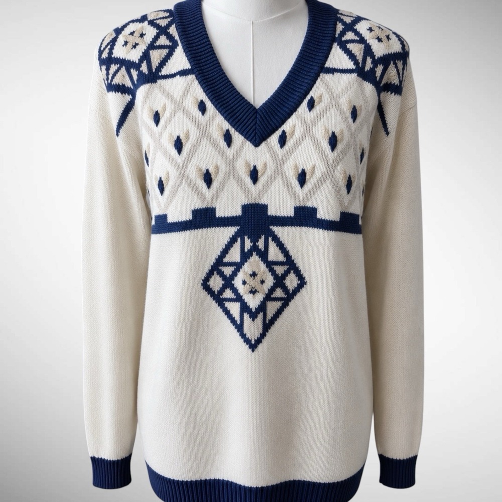 IB Diffusion Sweater Geometric V Neck Ivory Navy Gold Medium Vintage